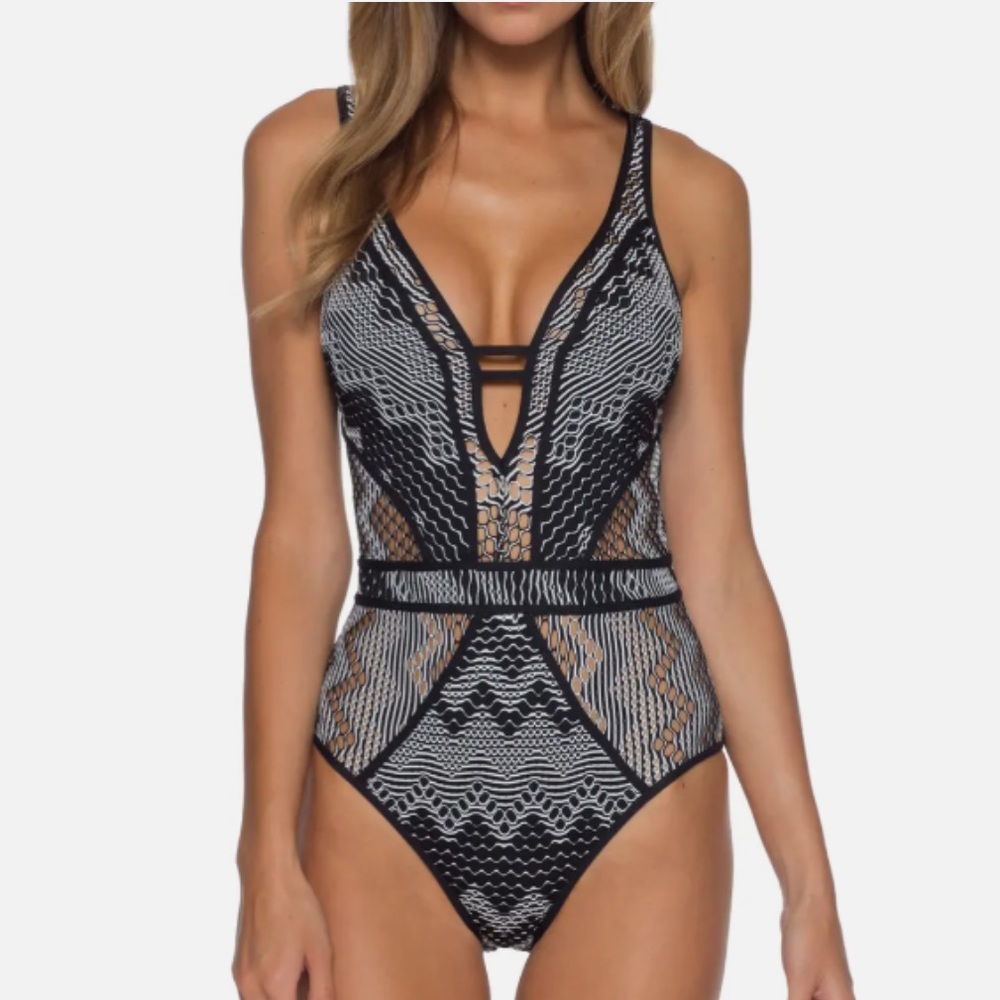 BECCA Womens Black Reveal Plunge Crochet Overlay One-piece Swimsuit Small NWT